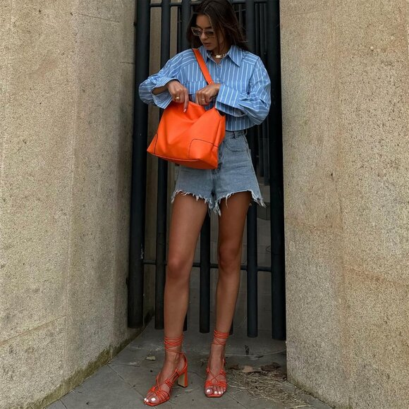 Women's Orange Top Wide Handle Elegant Stylish Satchel Bucket Shoulder Hobo Bag - Picture 4 of 9